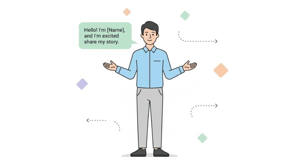 Confident professional introducing themselves with strong posture, eye contact, and open gestures.