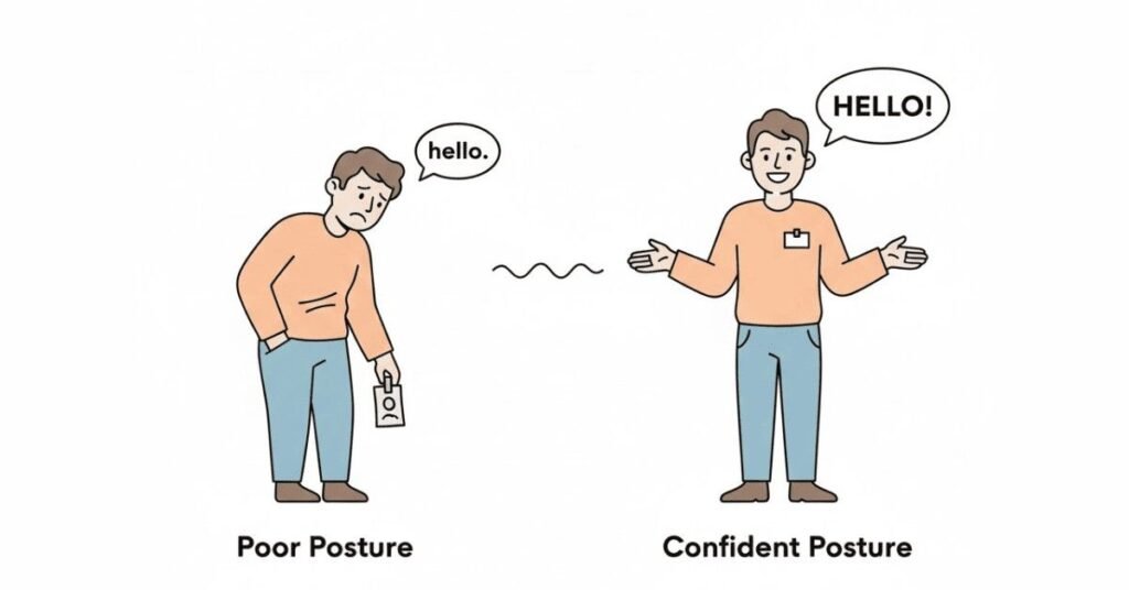 Side-by-side comparison of poor posture vs confident upright posture.