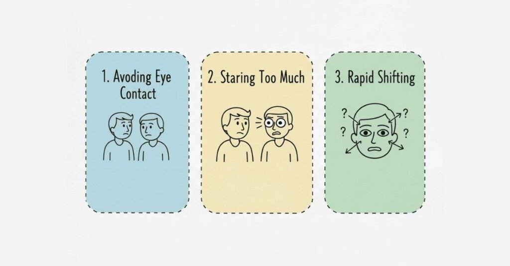 Icons showing eye contact mistakes like avoiding gaze, staring, and shifting eyes.