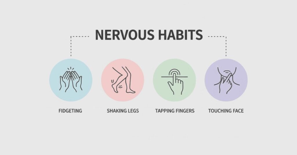 Icons showing fidgeting, leg shaking, and tapping habits to avoid.