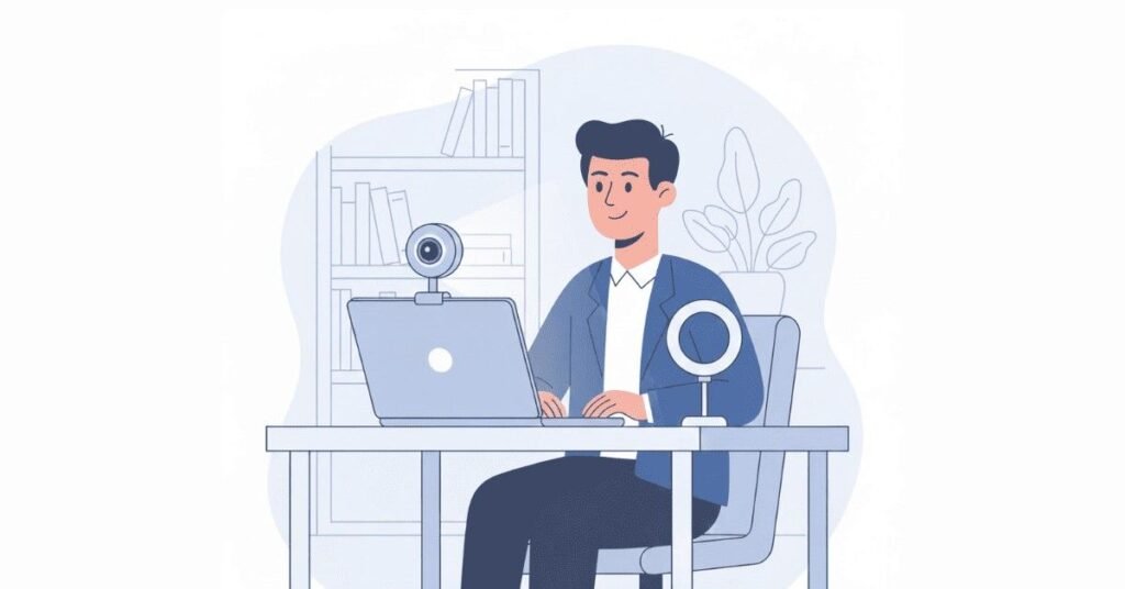 Proper body language for virtual interviews with eye-level camera.