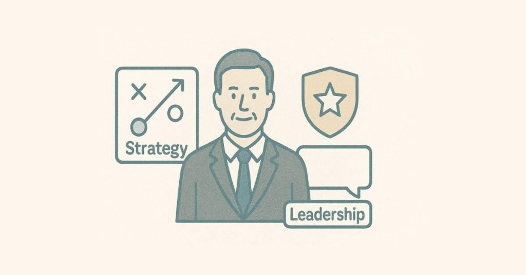 Senior professional introduction visual with leadership and strategy icons.