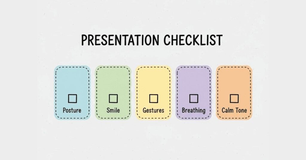 Checklist of posture, smile, gestures, breathing, and calm delivery.