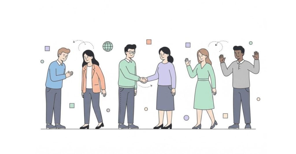 Diverse professionals using culturally respectful greetings like wave, bow, handshake.