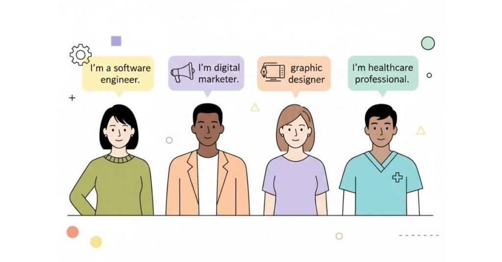 Professionals from tech, business, healthcare, and creative fields introducing themselves.