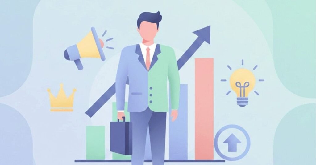 Business professional with charts, leadership, and briefcase icons.