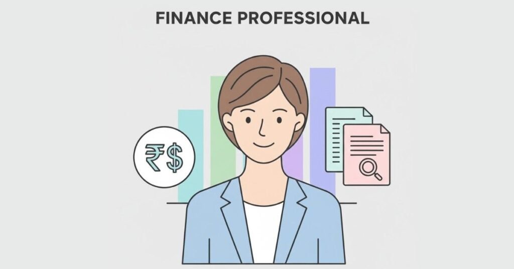 Finance professional with bar charts, rupee/dollar symbols, and reports.