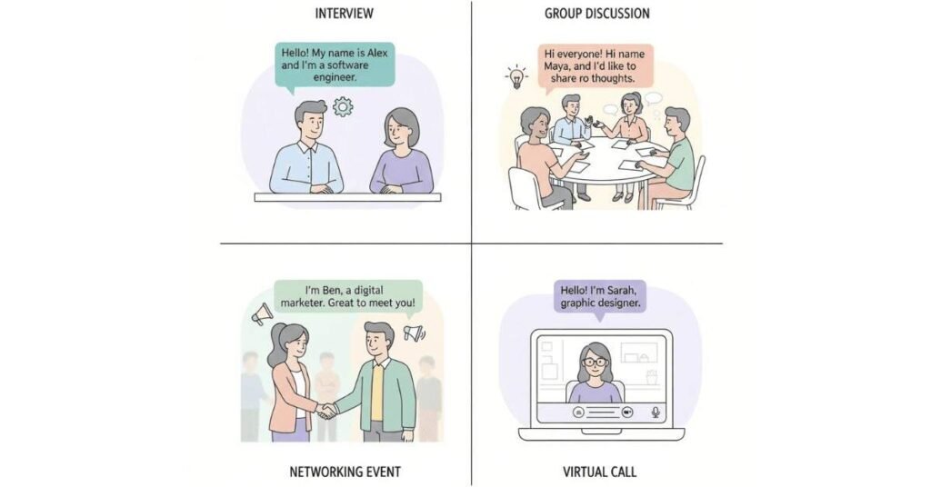 Professionals in various scenarios giving self-introductions.