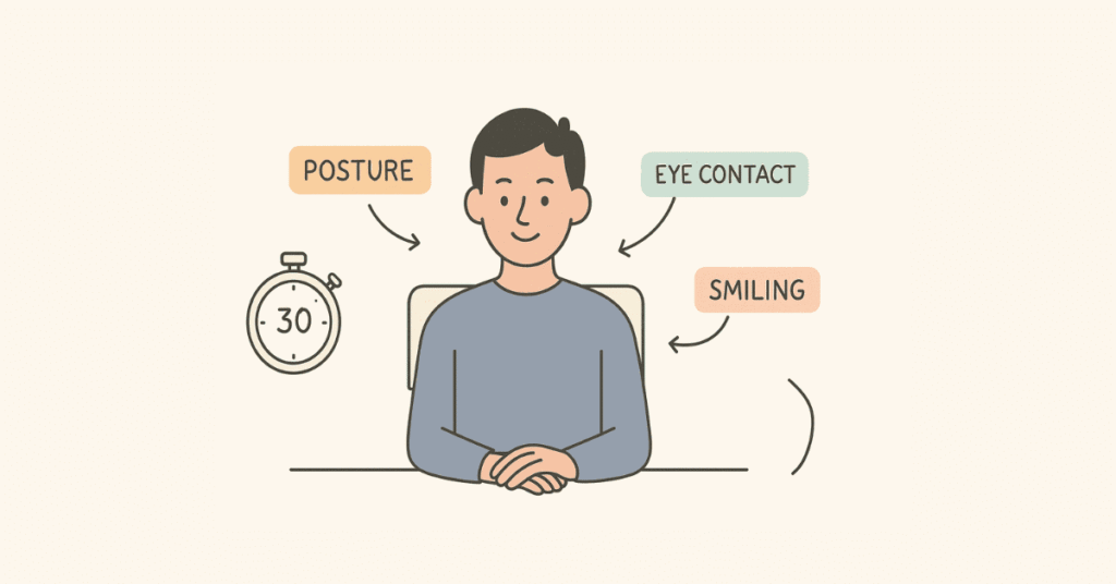 Good interview body language illustration with posture and eye contact.
