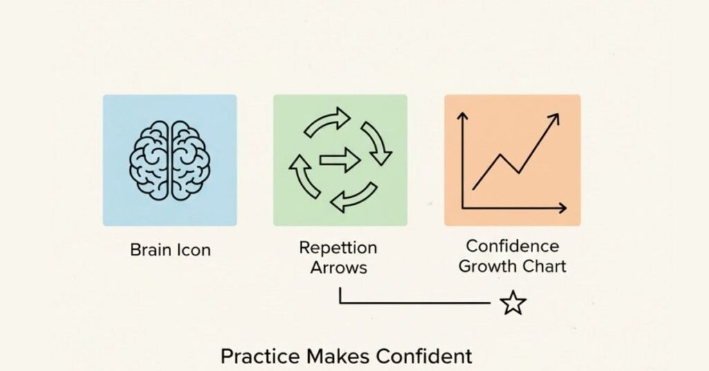 Illustration showing why practice increases confidence with brain and growth icons.