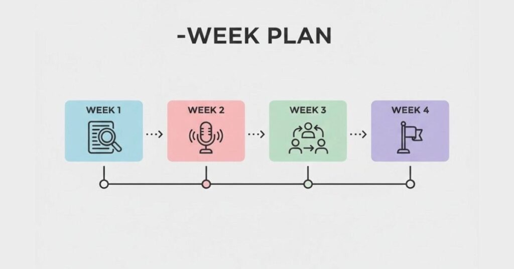 Four-week self-introduction practice timeline.