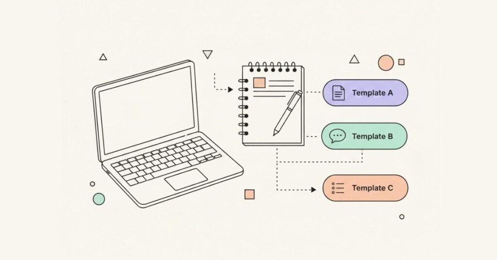 Week 1 writing tasks with laptop, templates, and notes.