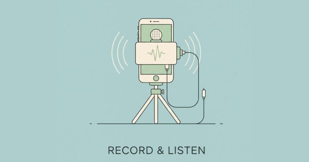 Phone recording with audio waveforms and headphones.