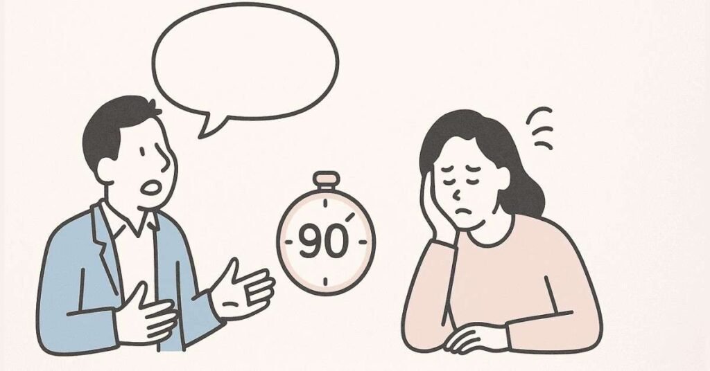 “Interview candidate making mistakes during self-introduction while interviewer loses interest.”