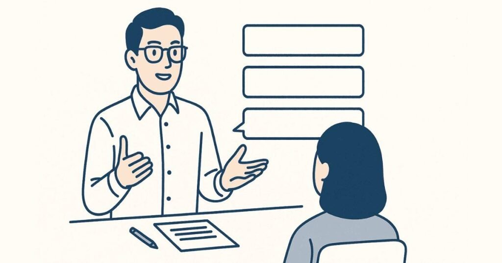“Confident candidate giving a strong self-introduction to interviewer.”