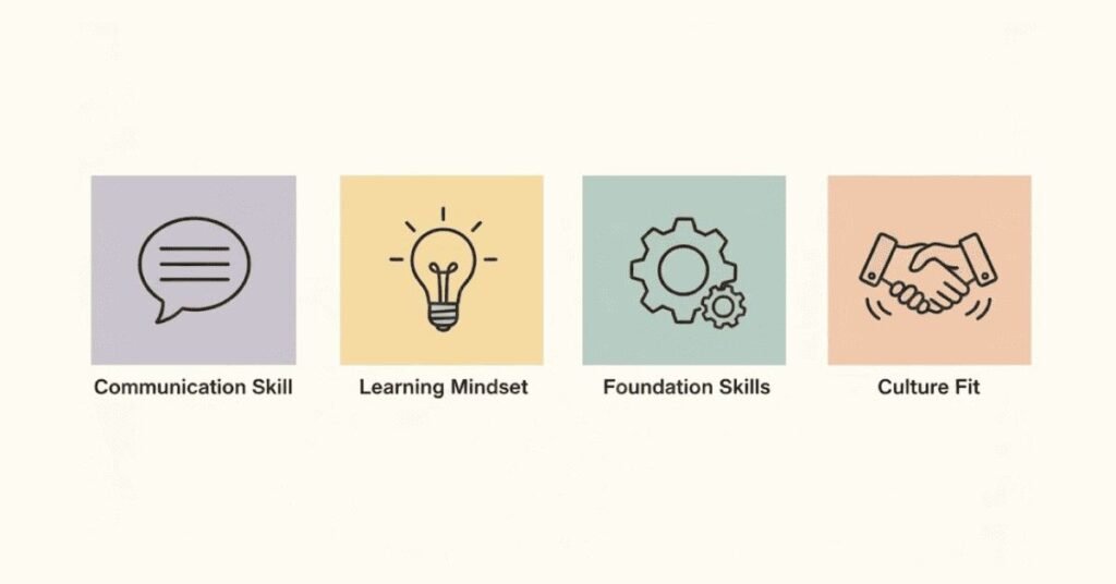 Infographic showing communication skill, learning mindset, foundation knowledge, and cultural fit.
