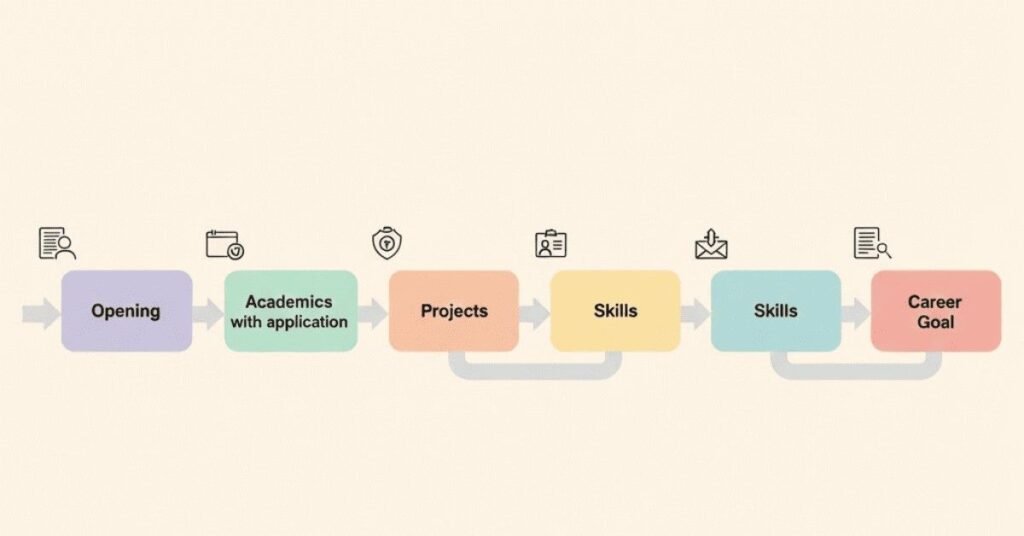 Five-step fresher self-introduction flow from academics to career goals.