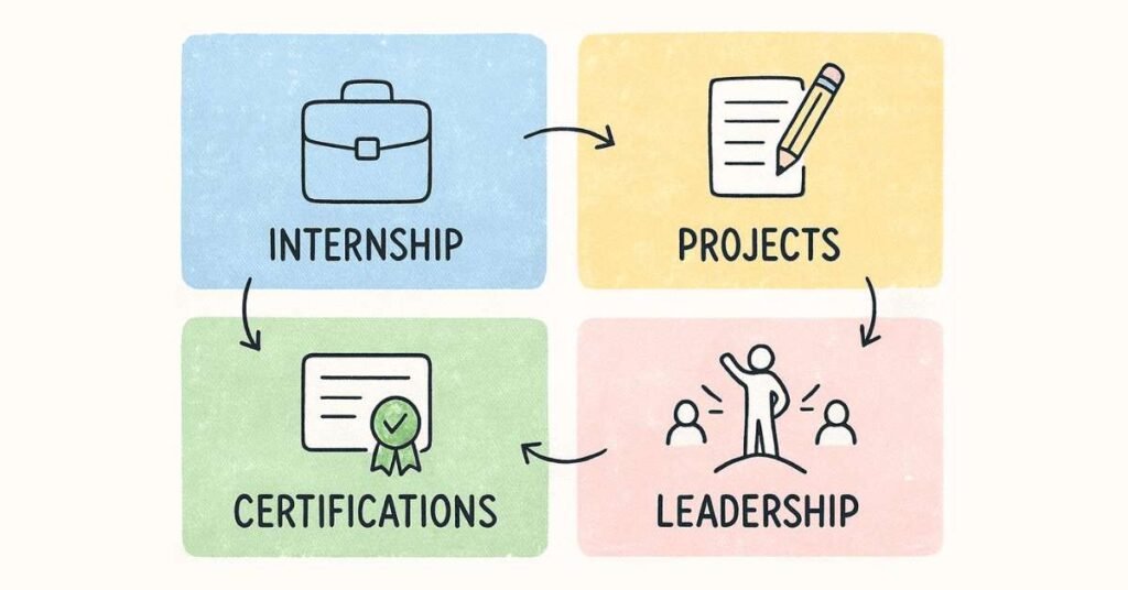 Blocks representing internships, projects, certifications, and leadership experience.