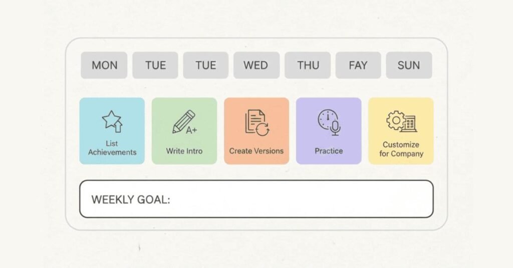 Weekly preparation plan including achievement listing, writing, shortening, practice, and customization.