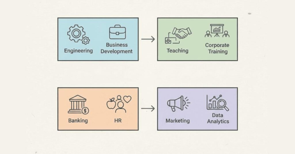 Icons showing transition paths like engineering to business development, teaching to training, banking to HR.