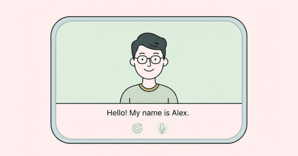 “Candidate introducing themselves confidently during a virtual video call with webcam and mic icons.”