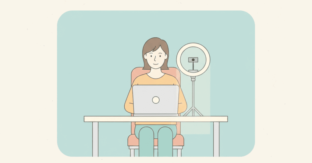 “Virtual interview setup with proper lighting, clean background, and centered camera.”