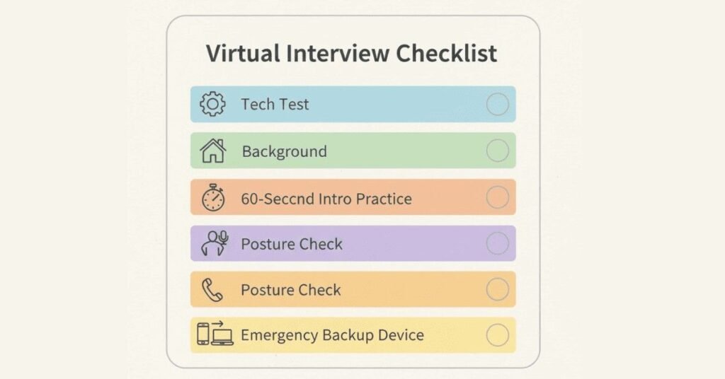 “Checklist with tech check, background, self-introduction practice, and backup plan for virtual interview.”