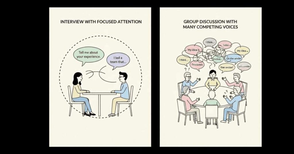 Comparison of interview vs group discussion setting.