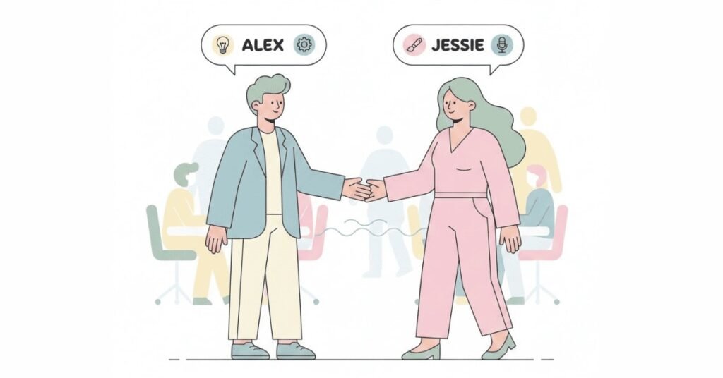 Two professionals casually meeting and introducing themselves.