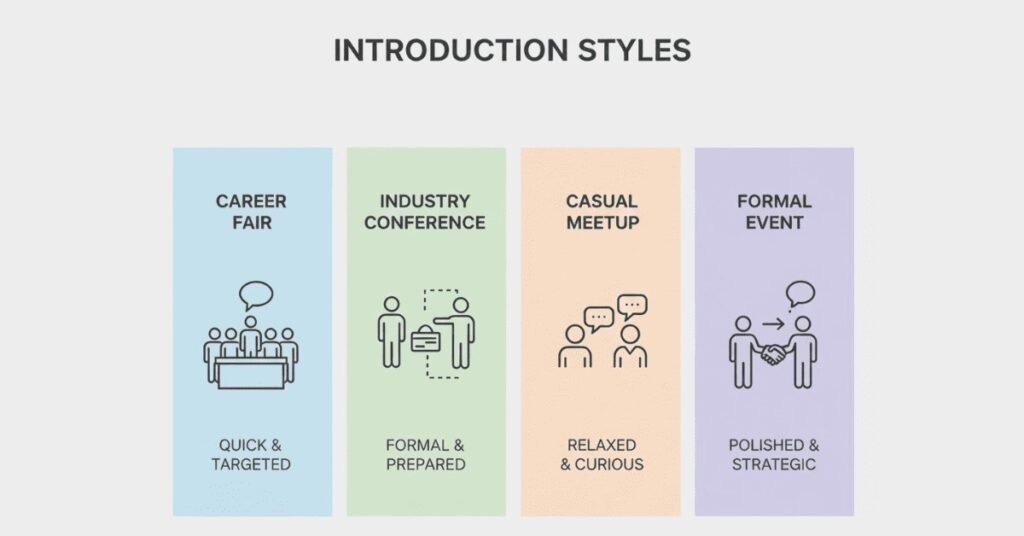 Four different networking event scenarios requiring different intro styles.