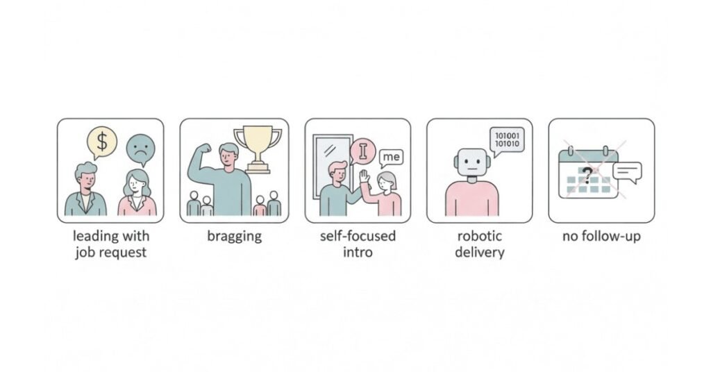 Icons showing mistakes like bragging, leading with ask, self-centered talk.