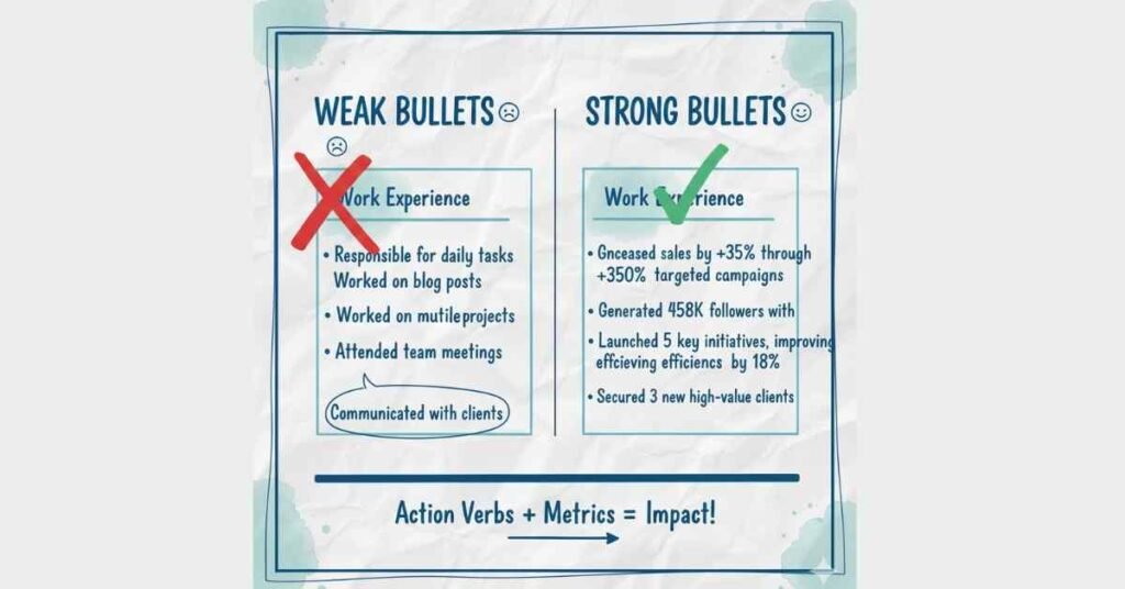 Comparison of weak passive resume bullets versus strong action-verb and metric-driven bullets.