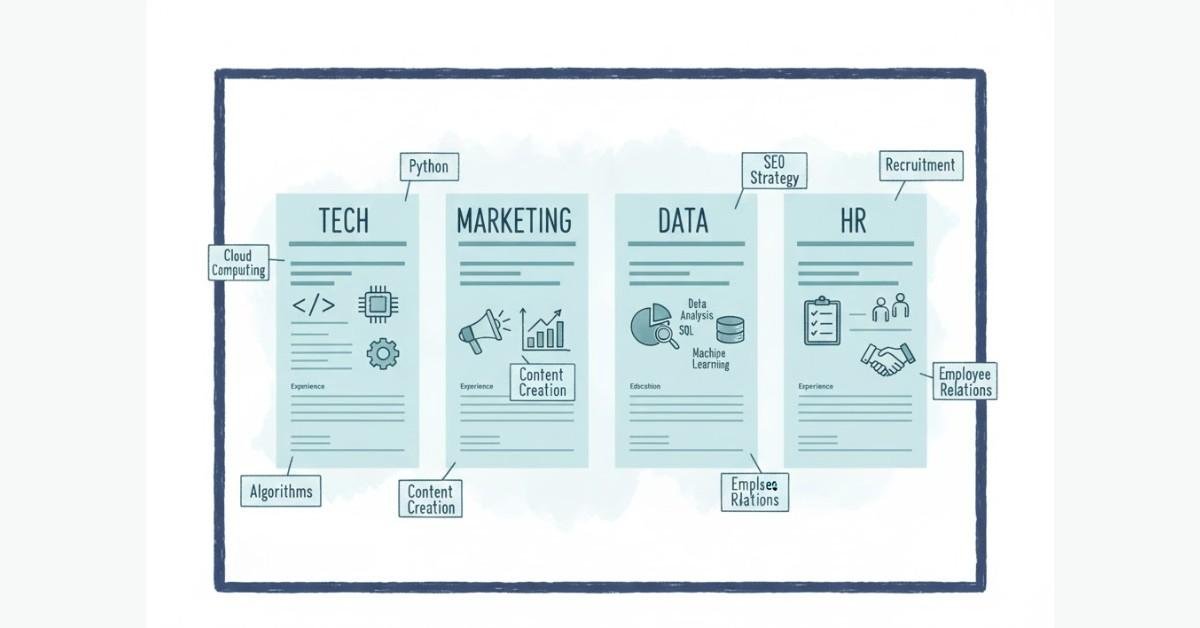 Hero banner showing tech, marketing, data, and HR resumes with different industry skill requirements.