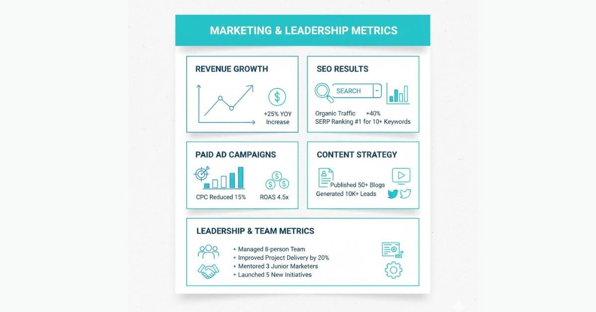 Graphic representing a digital marketing resume emphasizing SEO, campaigns, metrics, and leadership.