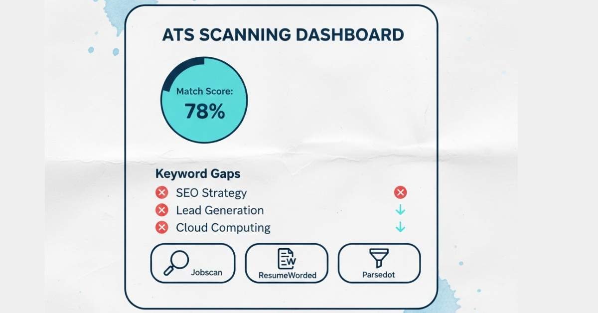 Illustration showing ATS testing tools like Jobscan, ResumeWorded, and Parsedot with match-score interface.