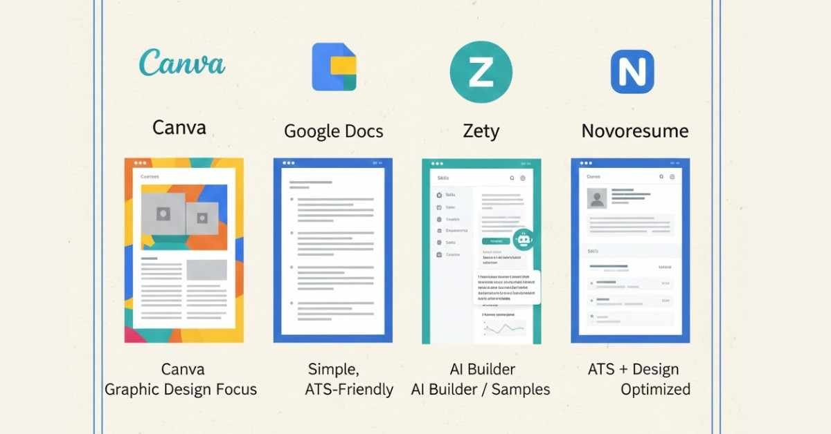 Illustration showing resume builders like Canva, Google Docs, Zety, and Novoresume with their strengths.