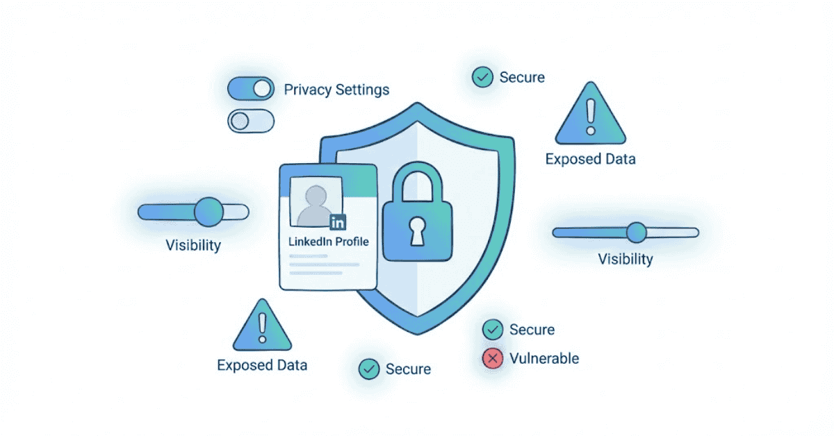 Hero banner showing LinkedIn profile security, privacy settings, and protection icons.