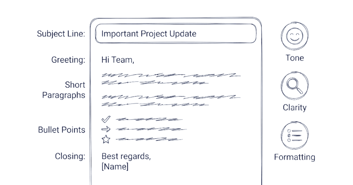Illustration of professional email structure including subject line, body, and etiquette elements.