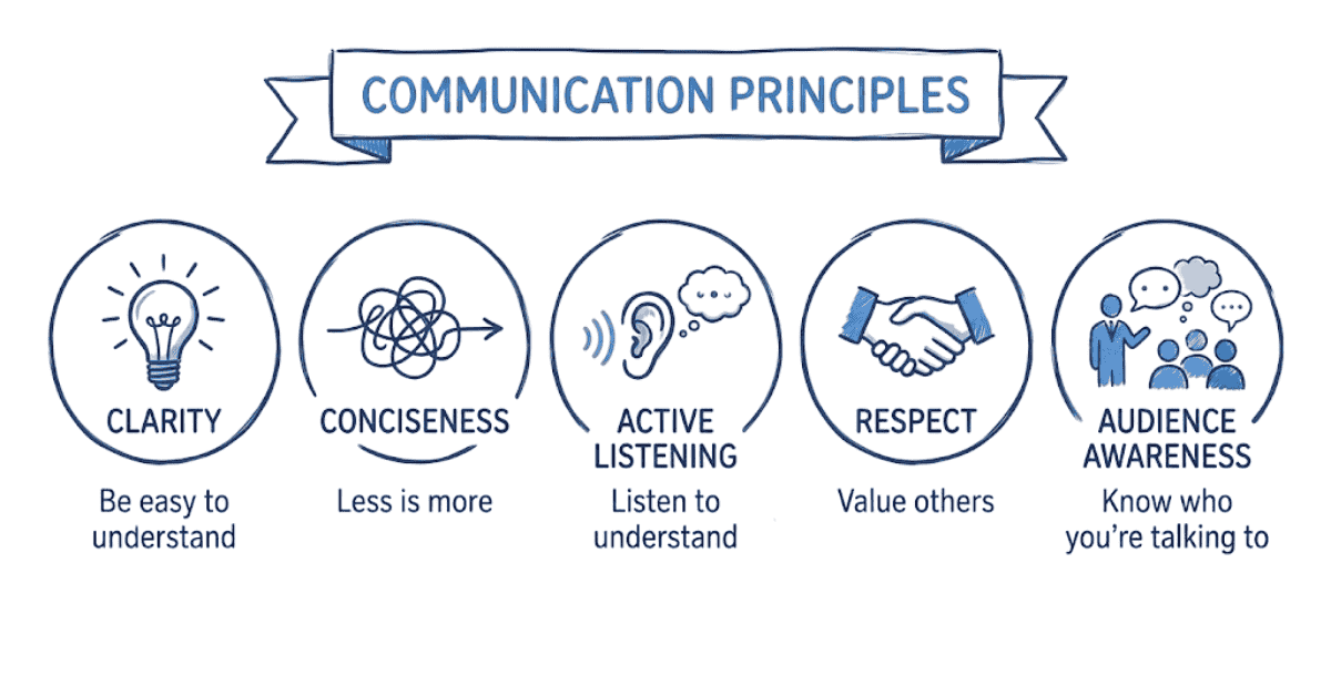 Infographic of core workplace communication principles such as clarity, listening, and respect.