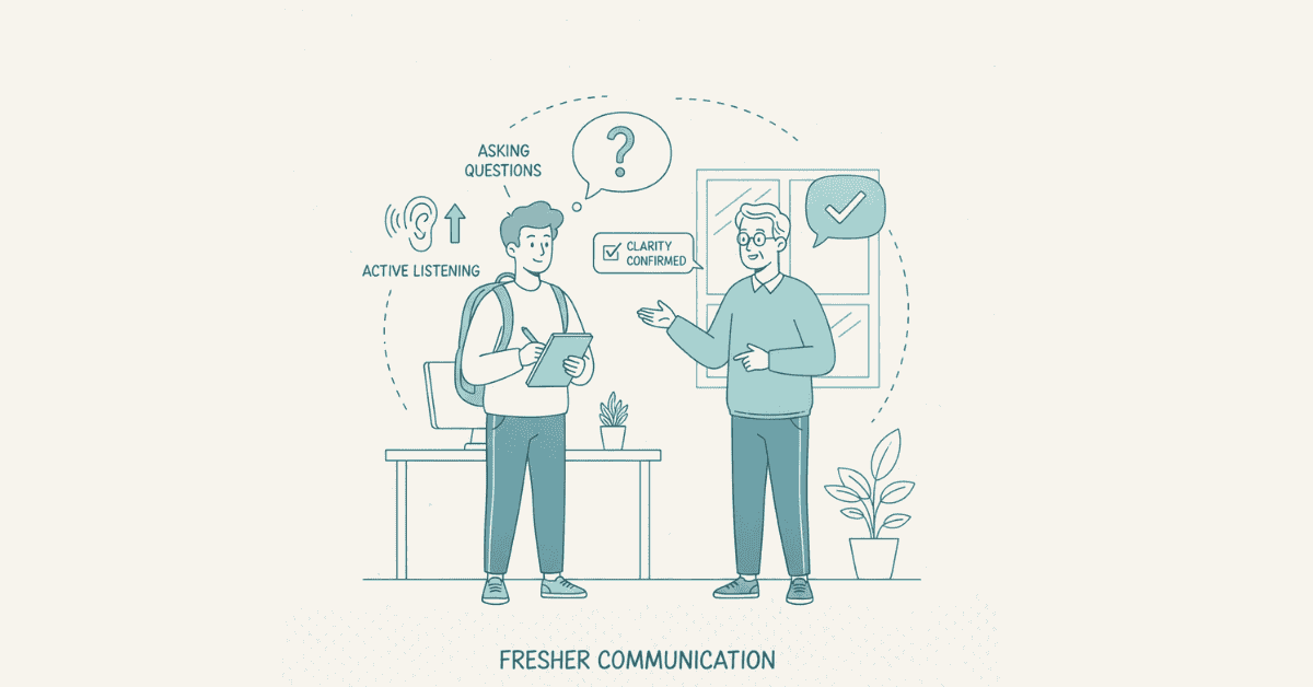 Illustration of communication skills freshers need such as clarity, asking questions, and active listening.