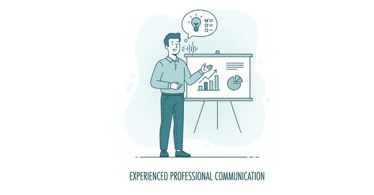 Graphic showing how experienced professionals communicate clearly with confidence and structured messaging.