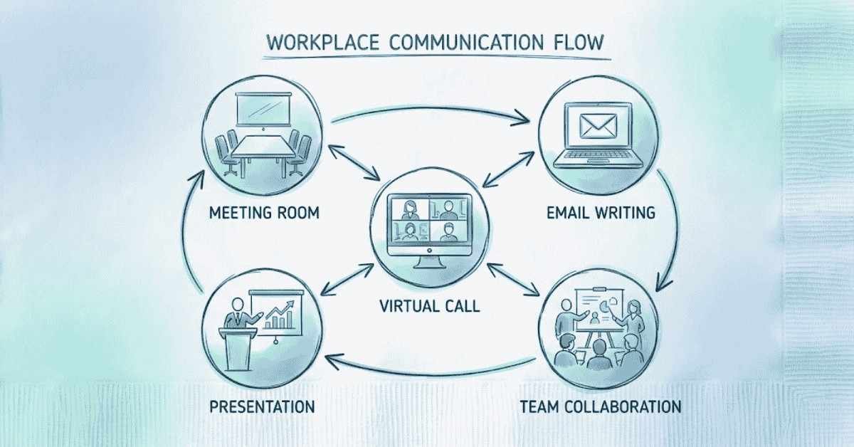 Graphic of how communication differs across meetings, emails, presentations, and virtual calls.