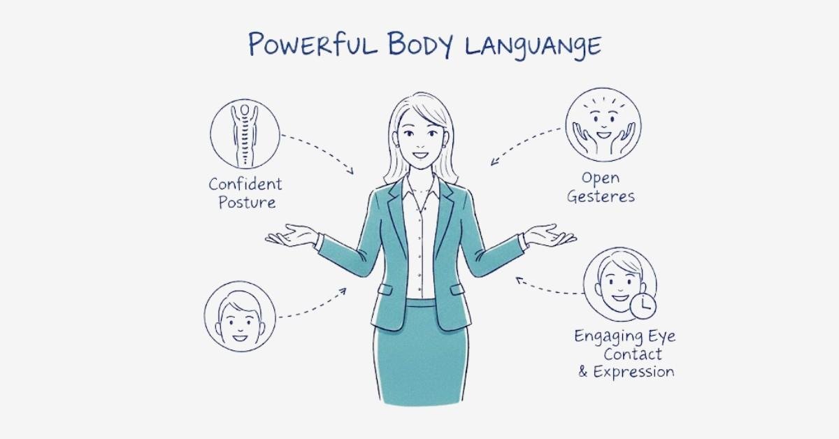 Illustration showing nonverbal communication cues such as posture, gestures, and facial expressions.