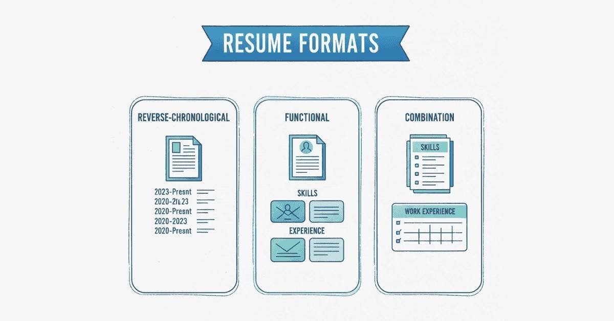 Infographic comparing reverse-chronological, functional, and hybrid resume formats.