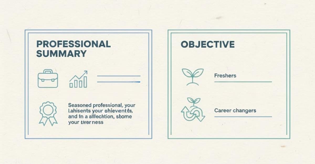 Graphic comparing professional summary vs objective section in a resume.