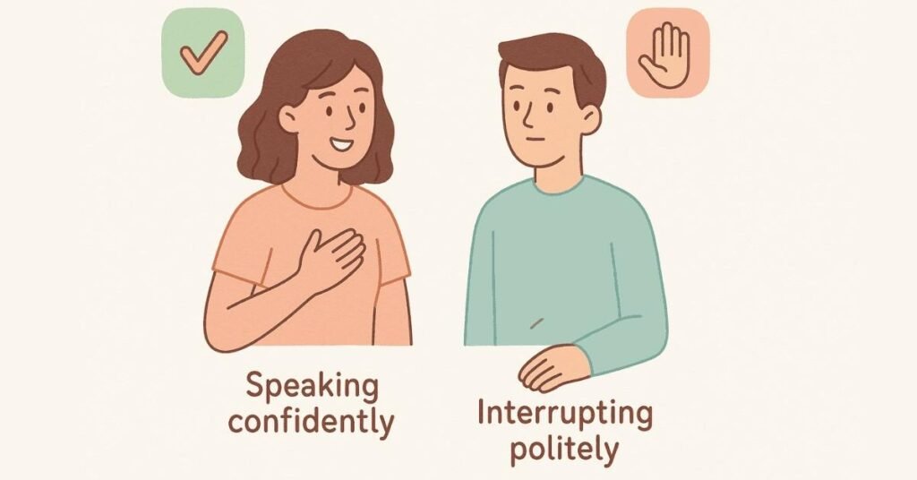 Illustration demonstrating confident speaking and respectful interruption techniques in GDs.