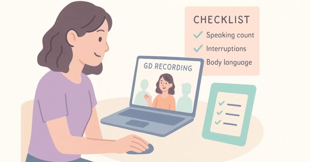 Student reviewing their mock GD recording with a self-assessment checklist.