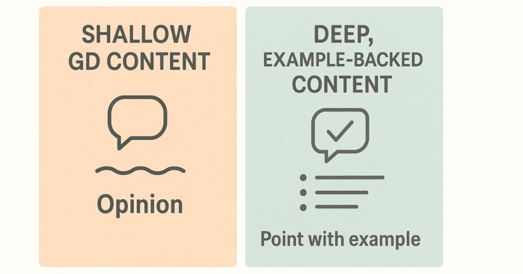 Visual comparing shallow content vs strong content backed by examples and data.
