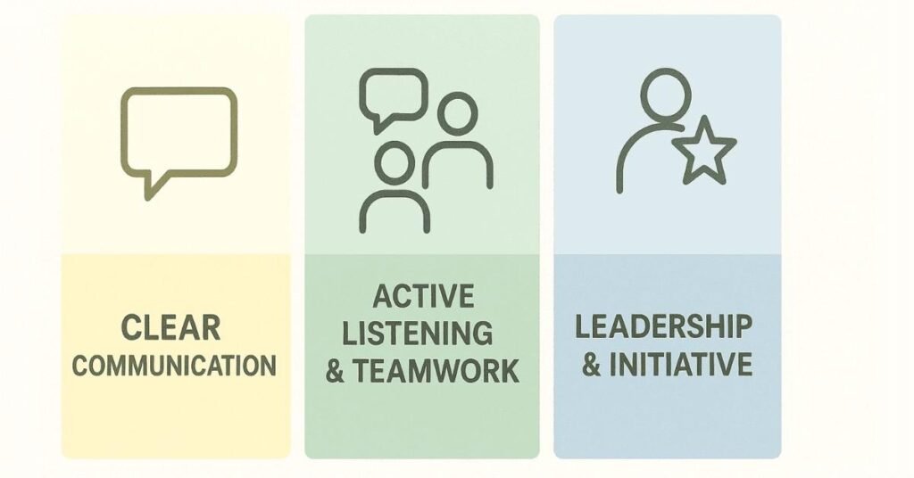 “Flat vector Napkin-AI illustration showing three pillars—Clear Communication, Active Listening & Teamwork, Leadership & Initiative—represented with simple icons and pastel color blocks, 1200×628.”