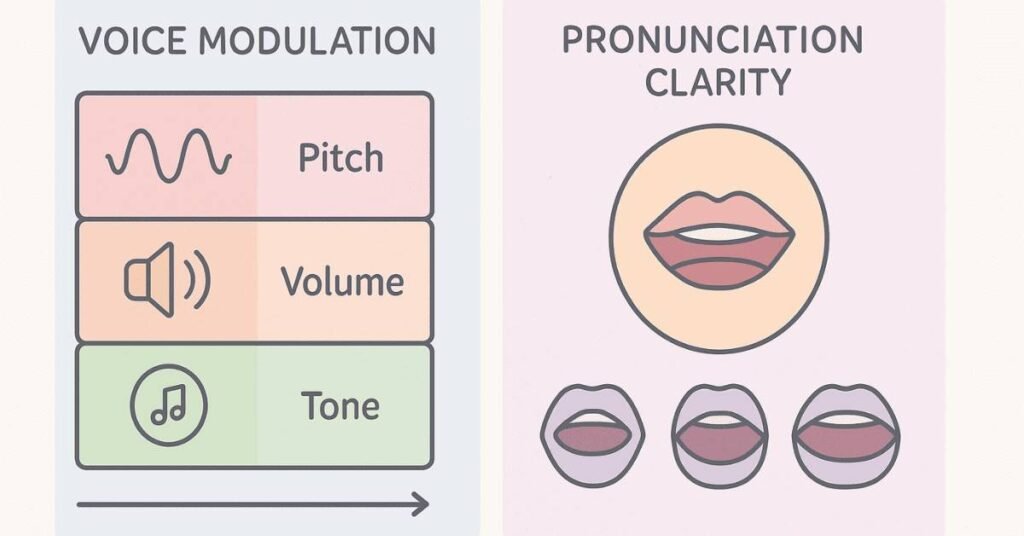 Infographic showing voice modulation elements and pronunciation clarity techniques.